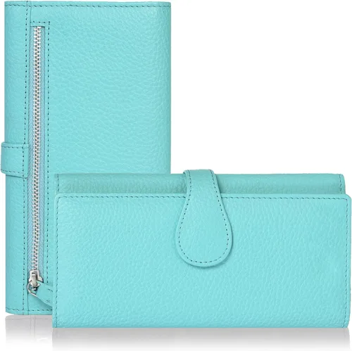 Vista 19 de Cartera de cuero genuino para mujer de cuero con bloqueo RFID - Tarjetero triple de diseñador para damas tipo clutch con ventana de identificación