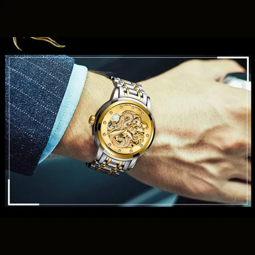 Vista 3 de Weicam Reloj de lujo mecánico de lujo con esqueleto automático automático de acero inoxidable Lumious reloj de dragón tallado con esfera de diamante