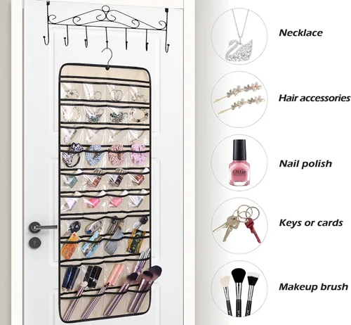 Vista 7 de MISSLO Organizador de joyas colgante de doble cara con 40 bolsillos y 20 ganchos y bucles, soporte para collar de armario para aretes, pulsera