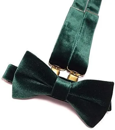 Vista 3 de Conjunto de tirantes de terciopelo verde esmeralda para novio padrinos de boda traje de portador de anillo hombres niños padre de la novia