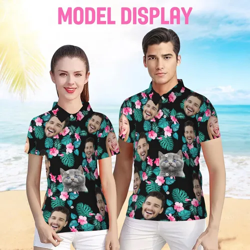 Vista 3 de Camisa hawaiana personalizada para hombres con cara, camisas florales tropicales personalizadas con foto de marido Aloha Beach Flower Shirt