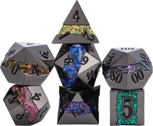Vista 20 de Dados poliédricos DND de metal, juego de dados metálicos con purpurina a rayas grandes, juego de 7 dados plateados antiguos para juegos de rol