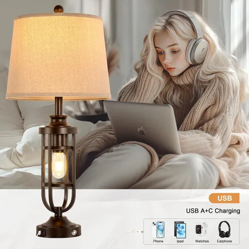 Vista 2 de Lámparas de Mesa Estilo Granja de 28.8" para Sala de Estar, Juego de 2, Lámparas Táctiles Regulables de 3 Vías con Puertos USB, Lámparas Rústicas