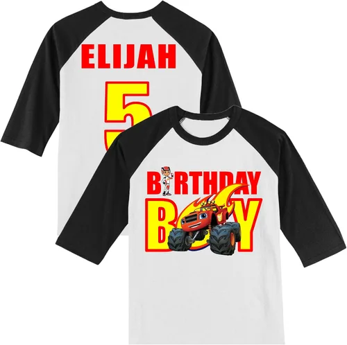Vista 3 de Urban Smart Camiseta personalizada de cumpleaños Blaze Monster Truck Monster Truck Personalizada con nombre y edad Camiseta raglán unisex