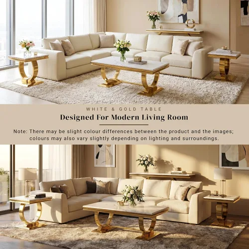 Vista 6 de Asday Mesa de centro dorada y blanca, mesa de centro rectangular de mármol dorado, mesa central elegante de lujo para sala de estar, pasillo
