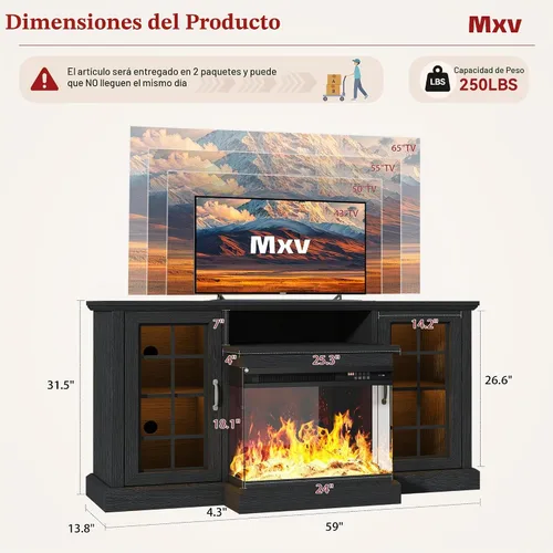 Vista 6 de MXV - Soporte de chimenea para TV de 59 pulgadas, centro de entretenimiento estilo granja con soporte de TV de 3 lados de vidrio, consola multimedia