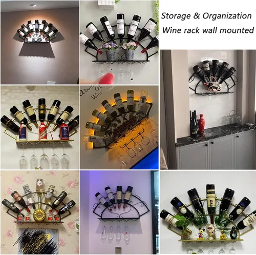 Vista 3 de Estante de metal para 7 botellas de vino, soporte para vino montado en la pared con estantes, estante de bar para licor, estante flotante para copas