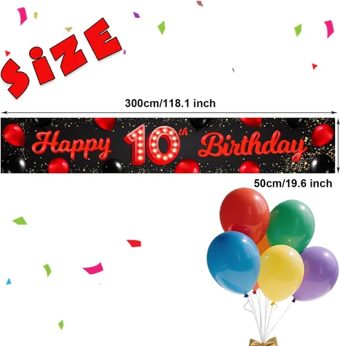 Vista 2 de Cartel de feliz cumpleaños número 10 color rojo y negro, globos para decoración temática para patio, jardín, niñas, mujeres, princesas, decoraciones