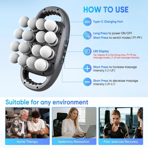 Vista 6 de 16-Head Massage Gun Set, Deep Tissue Massager with 9 Modes & Levels, Muscle Massager Pain Relief, Percussion Massage Gun for