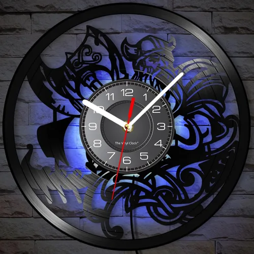 Vista 3 de Reloj de pared de vinilo LED vikingo de 12 pulgadas con 7 colores cambiantes, cuarzo silencioso sin tictac, arte de pared vikingo para hombre