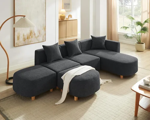 Vista 11 de VANOMi 279 cm Sofá modular seccional con 3 almohadas, cómodo sofá de chenilla en nube convertible de 5 plazas con reposapiés, sofás seccional