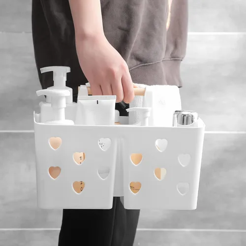 Vista 7 de Anyoifax Cesta de plástico portátil con mango de madera, organizador de almacenamiento dividido con compartimentos para baño, dormitorio