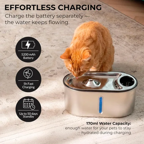 Vista 8 de Fuente de agua inalámbrica para gatos de acero inoxidable de 108 oz/3.2 L Batería de 5200 mAh, autonomía de 50 días, sensor de movimiento, ultra
