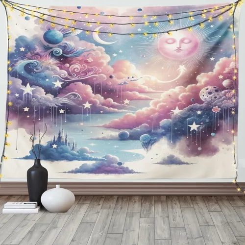 Vista 54 de Ambesonne Tapiz Trippy, vista panorámica de la cascada con bosques de ensueño y mandala oriental psicodélico, decoración de tela para colgar