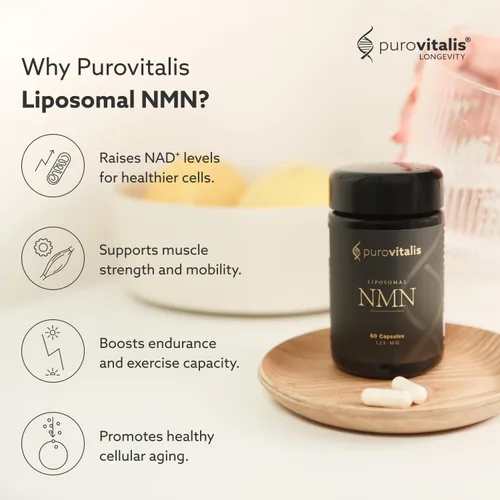 Vista 2 de PUROVITALIS NMN liposomal, suplemento de mononucleótido de nicotinamida de Longevir de 250 mg, NAD+ Boost para la salud celular, energía