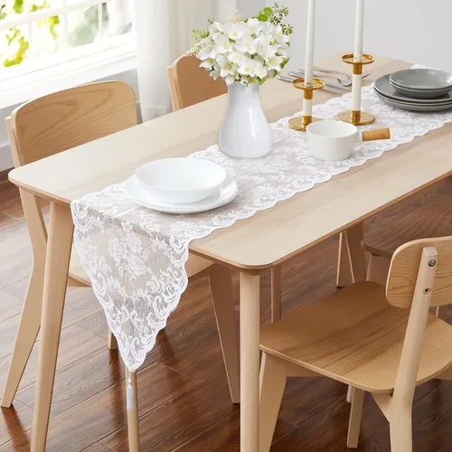 Vista 11 de ASATEX Camino de mesa de encaje de lino dorado de 14 x 36 pulgadas con 2 borlas. El patrón floral clásico y elegante es la opción ideal