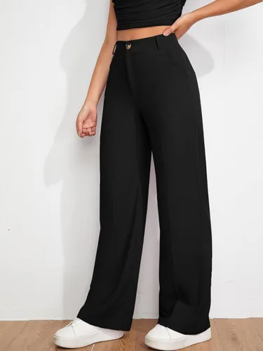 Vista 3 de SheIn Pantalones de cintura alta para mujer, pierna recta, con cremallera sólida