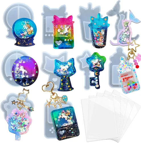 Vista 13 de Conjunto de moldes agitadores de resina, dijes kawaii, paquete de 41 bandejas de silicona, kit de botella aplicadora con punta de precisión, paquete