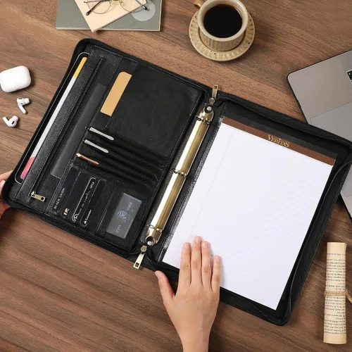 Vista 6 de Organizador de cartera de cuero genuino, carpeta de 3 anillos con bloc de notas, carpeta de cuero personalizada para hombres y mujeres