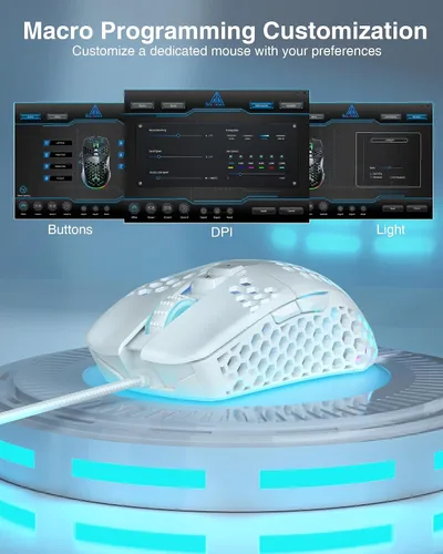 Vista 5 de SM900 - Mouse para juegos con cable blanco con carcasa de panal, 12800 DPI, 7 botones programables, mouse ergonómico ligero