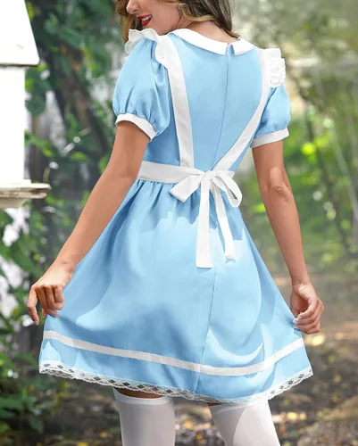 Vista 5 de Spadehill Vestido de princesa Wonderlad azul y blanco para mujer, disfraz de Halloween de manga corta