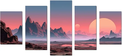 Vista 23 de VOCBAN Canvas Wall Art for Bedroom - 5 Large Oversize Modern Boho Neutral Room Decor - Mountain Moon Abstract Nature Artwork for Living Room Dining