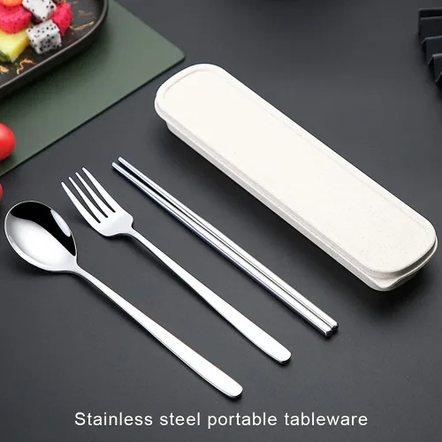 Vista 7 de Xihuimay Juego de 3 palillos de acero inoxidable, tenedor, cuchara con estuche de viaje, juego de cubiertos portátiles de metal, utensilios chinos