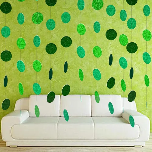 Vista 4 de XIANMU Guirnalda de papel verde con purpurina, círculo, pancarta para fiesta, decoración de fondo para fiesta temática verde, día de San Patricio