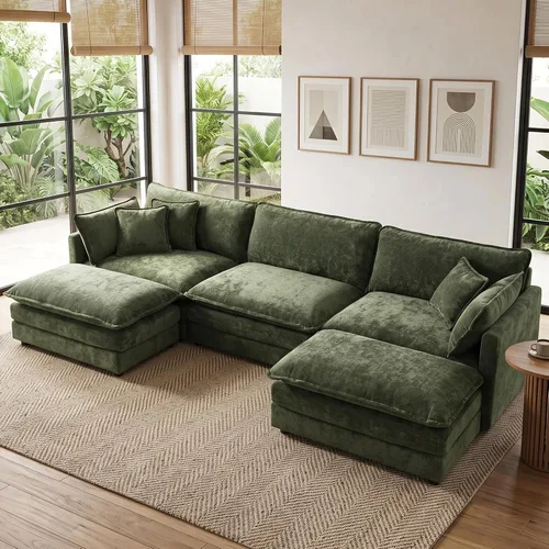Vista 97 de Sofá individual modular de chenilla con otomana, sofá nube con almohada, color beige