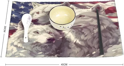 Vista 2 de White Wolf American Flag Placemats Set of 6 Resistant Table Mats Washable Place Mats for Dinner Party Table Decoration