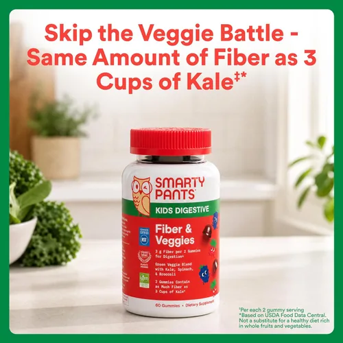 Vista 8 de SmartyPants Kids Fiber & Veggies: Gomitas de fibra prebiótica para niños, suplemento de fibra con inulina, mezcla orgánica de verduras verdes