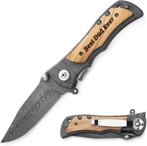 Vista 8 de Cuchillo plegable grabado personalizado para novio, esposo, papá, hijo - Cuchillos personalizados para hombres de campamento, pesca y caza con clip