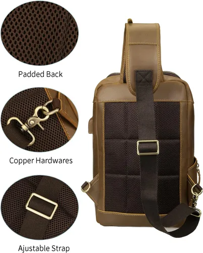 Vista 6 de Bolso de cuero genuino de grano completo vintage para hombres, mini tamaño mediano pequeño, con puerto de carga USB, Medium-camello, Mochilas Sling