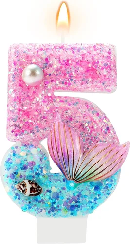 Vista 7 de Velas de cumpleaños, velas rosas y moradas del número 0 decoradas con caracolas, estrellas de mar y perlas para fiesta temática de sirena Morado