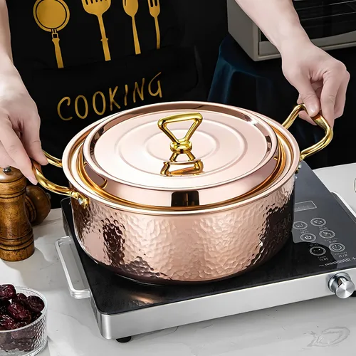 Vista 8 de YJX olla de 4.2QT con tapa martilleada, oro rosa de cobre, acero inoxidable tricapa, utensilio de cocina multifuncional para hornear, asar, guisar