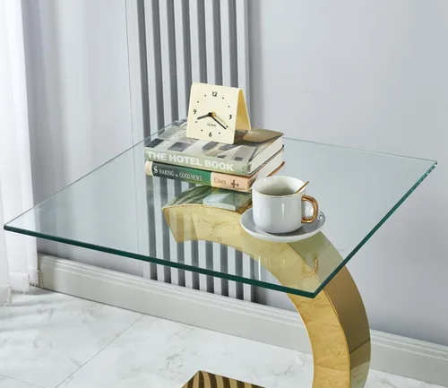 Vista 5 de Mesa auxiliar de cristal dorado de lujo, moderna mesa de centro cuadrada para sofá con base de acero inoxidable con espejo brillante, mesa de noche