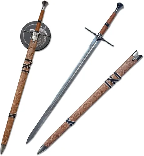 Vista 2 de Espada de acero plateado de Geralt de 50 pulgadas, espada de lobo blanco, espada larga medieval de fantasía, acero de alto manganeso con una placa