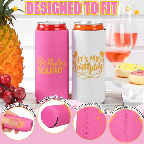 Vista 3 de Layhit - 10 fundas para enfriar latas de cumpleaños, color blanco, rosa neón