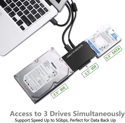 Vista 6 de Adaptador de disco duro USB 3.0 a IDE/SATA, convertidor externo para unidad óptica IDE SATA HDD SSD DVD, lector universal de disco duro con fuente