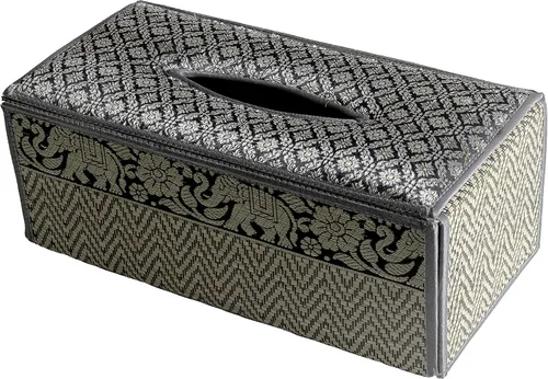 Vista 6 de Elegante estuche para caja de pañuelos hecho a mano con caña, 100% algodón, con funda de raso y dispensador, fabricado con materiales naturales B