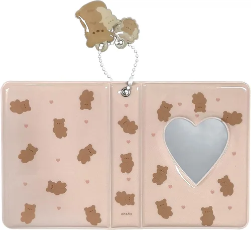 Vista 3 de Mini álbum de fotos de 3 pulgadas, carpeta de tarjetas huecas con corazón, soporte para tarjetas con colgante, 40 bolsillos (oso beige)
