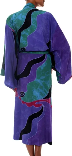 Vista 3 de NOVICA Purple Batik - Bata larga para mujer, turquesa océano (talla única), Púrpura, multicolor