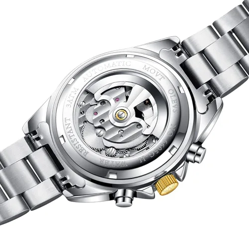 Vista 9 de OLEVS Reloj automático para hombres, reloj mecánico de cuerda automática, calendario para hombres, reloj de pulsera de acero inoxidable con esfera
