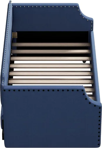 Vista 9 de Sofá cama tapizada con nido, sofá cama de tamaño individual con soporte de listones de madera, marco tapizado de madera para sala de estar, no Azul-2