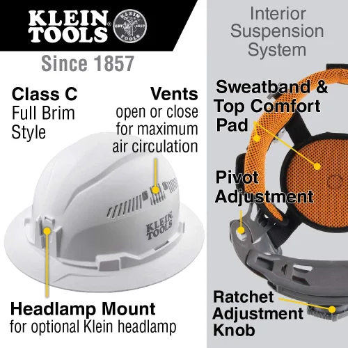 Vista 2 de Klein Tools Hard Hat, Vented, Full Brim Style, Padded, Self-Wicking Odor-Resistant Sweatband, Black