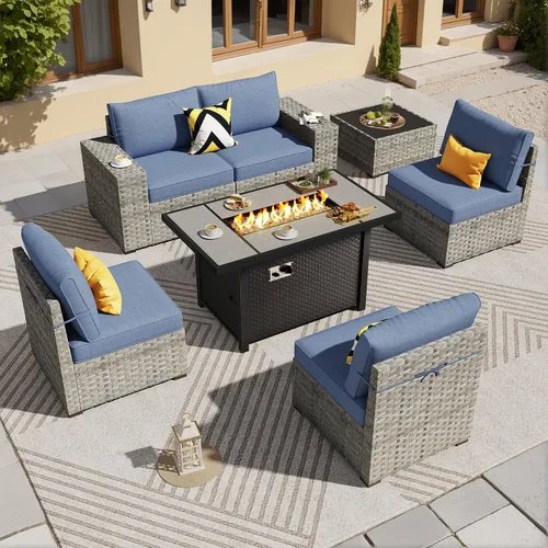 Vista 35 de ovios Juego de muebles de patio de 6 piezas, sofá seccional de mimbre para exteriores con mesa auxiliar, cómodos cojines, moderno sofá modular Beige