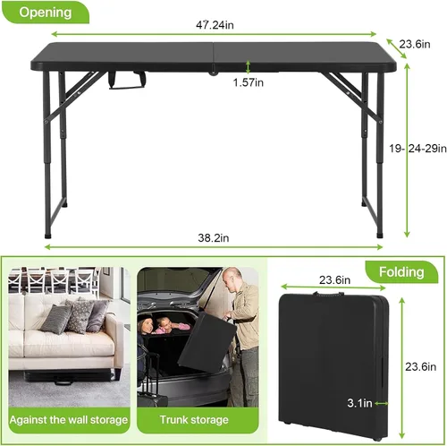 Vista 3 de Mesa Plegable de 4 Pies de Altura Ajustable con Asa Incorporada, Mesa Plegable Portátil de Servicio Pesado de 4 Pies con Patas de Acero