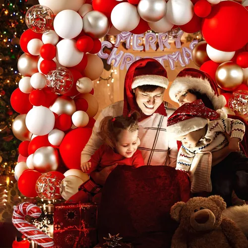 Vista 6 de Kit de arco de globos de Navidad, kit de guirnalda de globos rojos y blancos con caja de regalo, globos de aluminio de Feliz Navidad para Xmas01