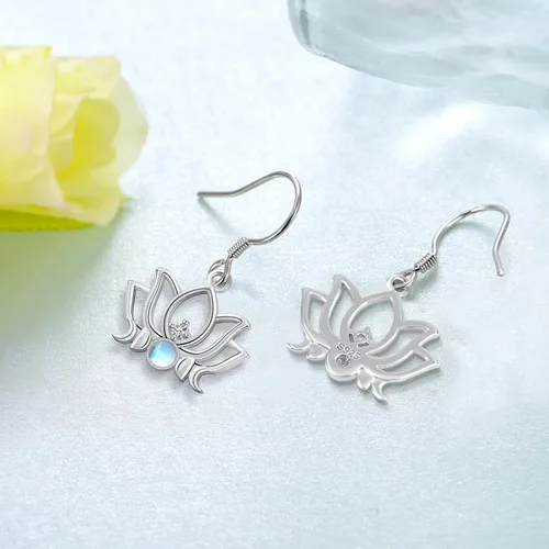 Vista 3 de SVODEA Aretes de loto de plata de ley 925 con piedra lunar y flor de loto, aretes colgantes para yoga, joyería de loto, regalos para mujeres