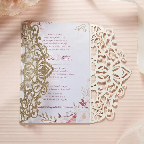 Vista 5 de AdasBridal 50 tarjetas de invitación de boda cortadas con láser con estampado floral, con sobre, hoja interior en blanco y cinta para boda Dorado